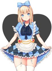 Rule 34 | 1girl, agnam ore, alice (alice in wonderland), alice in wonderland, apron, argyle, argyle clothes, argyle dress, bad id, bad pixiv id, black ribbon, blonde hair, blue bow, blue dress, blue eyes, blunt bangs, blush, bow, copyright request, cowboy shot, dress, frilled apron, frilled dress, frills, garter straps, hair bow, heart, heart background, long hair, looking at viewer, parted lips, puffy short sleeves, puffy sleeves, ribbon, short sleeves, sidelocks, skirt hold, smile, solo, standing, straight hair, strap slip, tareme, thighhighs, thighs, transparent background, very long hair, white apron, white thighhighs, wide hips