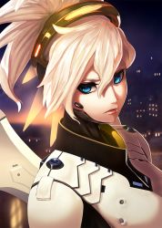 Rule 34 | 1girl, armor, blonde hair, blue eyes, bodysuit, breastplate, breasts, ctiahao, eyeliner, hair ornament, hair tie, halo, headgear, high ponytail, lips, lipstick, long sleeves, looking at viewer, makeup, mechanical halo, mechanical wings, medium breasts, mercy (overwatch), nose, overwatch, overwatch 1, parted lips, pink lips, ponytail, skin tight, solo, turtleneck, upper body, wings