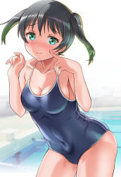Rule 34 | 1girl, bare arms, bare shoulders, black hair, blue one-piece swimsuit, blush, breasts, cleavage, collarbone, competition school swimsuit, contrapposto, covered navel, cowboy shot, embarrassed, eyelashes, fingernails, furrowed brow, gonta (gshoutai), gradient hair, green eyes, green hair, highres, leaning forward, looking at viewer, love live!, love live! nijigasaki high school idol club, medium breasts, multicolored hair, nervous smile, one-piece swimsuit, pool, poolside, school swimsuit, short hair, skin tight, skindentation, smile, solo, spaghetti strap, swimsuit, takasaki yu, twintails, two-tone hair