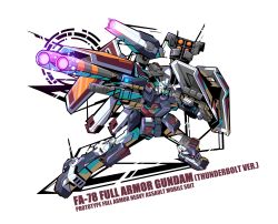 Rule 34 | absurdres, character name, commentary, commission, english commentary, full armor gundam, gun, gundam, gundam thunderbolt, gylmyr, highres, holding, holding gun, holding shield, holding weapon, mecha, missile pod, mobile suit, no humans, robot, science fiction, shield, solo, v-fin, weapon, white background, yellow eyes