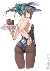 Rule 34 | 1girl, alternate costume, animal ears, ass, backless outfit, bare shoulders, black leotard, blush, bow, breasts, brown eyes, brown pantyhose, commentary request, cowboy shot, cropped legs, ebifurya, fake animal ears, from behind, green hair, hair between eyes, hair bow, hair ribbon, highres, holding, holding tray, kantai collection, leotard, long hair, looking at viewer, one-hour drawing challenge, open mouth, pantyhose, playboy bunny, poker chip, ponytail, rabbit ears, rabbit tail, ribbon, simple background, small breasts, solo, standing, strapless, strapless leotard, tail, tray, white background, wrist cuffs, yuubari (kancolle)