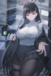 Rule 34 | 1girl, absurdres, black hair, blue archive, bra visible through clothes, breasts, commentary request, embroidered bra, gun, hair ornament, hairclip, halo, handgun, highres, hime cut, holding, holding umbrella, holster, large breasts, long hair, pantyhose, rain, reaching, reaching towards viewer, red eyes, rega, rio (blue archive), see-through, solo, sweater, thigh holster, transparent, transparent umbrella, turtleneck, turtleneck sweater, umbrella, very long hair, weapon, wet, wet clothes