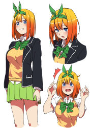 Rule 34 | 1girl, black jacket, blazer, blue eyes, bow, bowtie, breasts, brown hair, embarrassed, go-toubun no hanayome, green bow, green skirt, hair between eyes, highres, holding, jacket, kagari liroi, large breasts, looking at viewer, miniskirt, nakano yotsuba, open mouth, paper, pleated skirt, school uniform, shirt, skirt, smile, solo, stack, sweater, sweatervest, white background, white shirt, yellow sweater