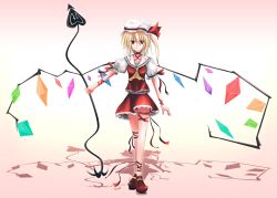 Rule 34 | 1girl, absurdres, blonde hair, female focus, flandre scarlet, full body, gradient background, hat, highres, jennifer yamada, mob cap, red eyes, ribbon, solo, standing, touhou, white hat, wings