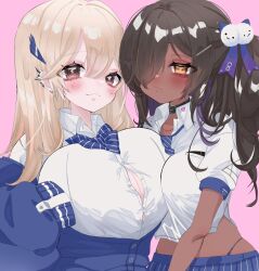 Rule 34 | 2girls, belt pouch, black collar, black panties, blonde hair, blue bow, blue bowtie, blue jacket, blue necktie, blush, bow, bowtie, breasts, brown eyes, brown hair, cleavage, closed mouth, collar, collared shirt, dark-skinned female, dark skin, ear piercing, earrings, goddess of victory: nikke, hair ornament, highres, huge breasts, jacket, jewelry, large breasts, long hair, looking at viewer, multiple girls, naga (nikke), necklace, necktie, off-shoulder jacket, off shoulder, one eye covered, orange eyes, panties, partially unbuttoned, pencil skirt, piercing, pink background, pleated skirt, pouch, puffy sleeves, shirt, short sleeves, side ponytail, skirt, sleeves past wrists, smile, strap, string panties, striped necktie, tia (nikke), underwear, uniofthedead, weapon, white shirt