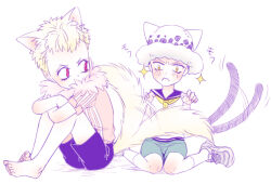 Rule 34 | 2boys, aged down, animal ears, blonde hair, blush, cat boy, cat ears, cat tail, cheese neko3, dog boy, donquixote doflamingo, feet, hat, highres, male focus, multiple boys, one piece, red eyes, shoes, short sleeves, shorts, sitting, sneakers, tail, tail wagging, time paradox, trafalgar law, wariza, yellow eyes