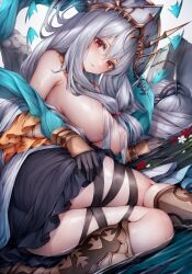 Rule 34 | 1girl, arknights, bare shoulders, black gloves, black skirt, boots, breasts, brown footwear, commentary request, gloves, grey hair, hair between eyes, large breasts, long hair, looking at viewer, official alternate costume, phoenix crown, red eyes, skadi (arknights), skadi the corrupting heart (arknights), skadi the corrupting heart (sublimation) (arknights), skirt, snm (sunimi), solo, thigh strap, wet, white background