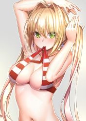 Rule 34 | 1girl, adjusting hair, ahoge, bikini, blonde hair, breasts, earrings, fate/grand order, fate (series), gradient background, green eyes, grey background, hair intakes, highres, jewelry, long hair, looking at viewer, medium breasts, mouth hold, navel, nero claudius (fate), nero claudius (fate) (all), nero claudius (swimsuit caster) (fate), shuutou haruka, signature, solo, striped bikini, striped clothes, swimsuit, twintails, upper body