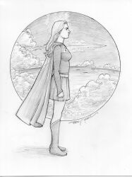 Rule 34 | 1girl, border, cape, full body, graphite (medium), greyscale, long hair, long sleeves, looking to the side, monochrome, ocean, original, outdoors, ship, sketch, skirt, solo, standing, terrymooreart, traditional media, watercraft, white border