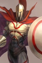Rule 34 | 1boy, abs, body markings, brown background, cape, fate (series), gold, helmet, highres, holding, holding shield, holding weapon, kobuta, leonidas (fate), light brown background, male focus, manly, muscular, red cape, shaded face, shield, simple background, solo, standing, veins, weapon