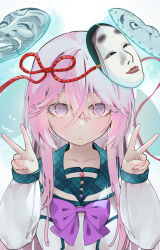 Rule 34 | 1girl, aqua sailor collar, blush, closed mouth, collarbone, crossed bangs, double v, hair between eyes, hands up, hata no kokoro, highres, long hair, long sleeves, looking at viewer, mask, pink eyes, pink hair, sailor collar, simple background, solo, straight-on, syuri22, touhou, upper body, v, white background