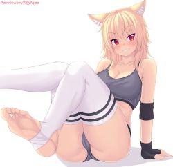 Rule 34 | animal ears, ass, bare shoulders, black gloves, blonde hair, blush, breasts, cameltoe, cat ears, cat girl, cleavage, commentary, english commentary, feet, fingerless gloves, gloves, grey sports bra, highres, large breasts, legs, long hair, nottytiffy, original, parted lips, patreon username, red eyes, shadow, simple background, sitting, slit pupils, soles, solo, sports bra, stirrup legwear, thighhighs, thighs, tiffy (nottytiffy), toeless legwear, watermark, web address, white background, white thighhighs