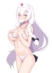 Rule 34 | 1girl, absurdres, azur lane, bare arms, bare shoulders, bikini, black bow, bow, braid, brown eyes, collarbone, commentary request, cowboy shot, cross hair ornament, hair bow, hair ornament, hands on own breasts, hands up, hat, heart, heart print, hermione (azur lane), highres, id card, jilu, long hair, mouth hold, navel, nurse cap, simple background, skindentation, smile, solo, stomach, swimsuit, twin braids, underwear, white background, white bikini, white hair