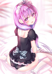 Rule 34 | 1girl, :d, ahoge, ass, black dress, black panties, blue hair, blush, commentary, dress, frills, highres, hololive, long hair, looking at viewer, looking back, maid headdress, minato aqua, multicolored hair, open mouth, panties, partially submerged, purple eyes, purple hair, short sleeves, sitting, smile, solo, striped, thighhighs, twintails, underwear, virtual youtuber, wariza, wet, white thighhighs, yuano