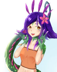 Rule 34 | 1girl, blue background, blush, breasts, chameleon girl, chameleon tail, cleavage, collarbone, colored skin, cropped shirt, double v, eyebrows, eyelashes, eyeshadow, female focus, flower, flower on head, gradient background, green skin, hands up, league of legends, lipstick, looking at viewer, makeup, medium hair, multicolored skin, navel, neeko (league of legends), open mouth, orange shirt, purple eyeshadow, purple hair, purple lips, reptile girl, riozoz, shirt, simple background, sleeveless, sleeveless shirt, small breasts, smile, solo, tail, teeth, tongue, two-tone background, two-tone skin, upper body, upper teeth only, v, white background, yellow eyes