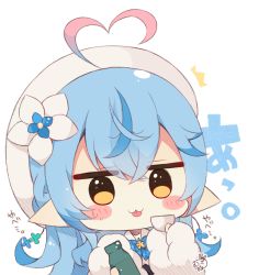 Rule 34 | 1girl, :3, ^^^, ahoge, beret, blue bow, blue flower, blue hair, blush stickers, bottle, bow, brown eyes, chibi, closed mouth, cup, flower, fur-trimmed sleeves, fur trim, hair between eyes, hair flower, hair ornament, hat, heart, heart ahoge, holding, holding bottle, holding cup, hololive, long hair, long sleeves, multicolored hair, muuran, plaid, plaid bow, pointy ears, signature, simple background, solo, streaked hair, sweat, tongue, tongue out, translation request, upper body, virtual youtuber, white background, white flower, white hat, yukihana lamy