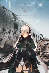 Rule 34 | 1girl, absurdres, black hairband, black shirt, blush, character name, coat, commentary, commission, cowboy shot, english commentary, english text, girls&#039; frontline, green coat, grey hair, hairband, highres, long hair, looking at viewer, mg4 (girls&#039; frontline), mg4 (mod3) (girls&#039; frontline), open clothes, open coat, orange eyes, parted lips, photo background, shirt, solo, soukou makura, straight-on, twintails, very long hair