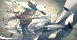 Rule 34 | 1girl, blue dress, blue hat, breasts, cleavage, closed eyes, closed mouth, commentary request, copyright request, dress, eyelashes, flute, glint, grey hair, hands up, hat, holding, holding instrument, instrument, lilithbloody, long hair, long sleeves, music, playing instrument, see-through, solo, standing, very long hair