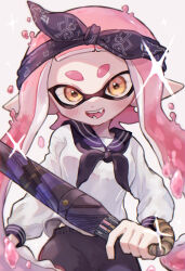 Rule 34 | 1girl, black bow, black hairband, black pants, blush, bow, commentary request, glint, hairband, holding, holding weapon, inkling, inkling girl, inkling player character, long hair, looking at viewer, nintendo, open mouth, pants, pink hair, pointy ears, print hairband, sailor collar, sailor shirt, shirt, simple background, smile, solo, splatoon (series), splatoon 3, tebasaki (teba illust), teeth, tentacle hair, thick eyebrows, undercover brella (splatoon), weapon, white background, yellow eyes