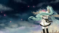 Rule 34 | 1girl, anbivarens, bouquet, cityscape, cloud, dress, flower, green eyes, green hair, hatsune miku, highres, long hair, matching hair/eyes, night, night sky, petals, scarf, sky, solo, star (sky), striped clothes, striped scarf, thighhighs, twintails, very long hair, vocaloid