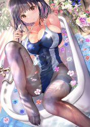 Rule 34 | 1girl, bathtub, black hair, black pantyhose, window blinds, blue one-piece swimsuit, blush, breasts, commentary request, competition swimsuit, dutch angle, embarrassed, flower, highres, large breasts, nose blush, ogata tei, one-piece swimsuit, orange eyes, original, pantyhose, pantyhose under swimsuit, short hair, solo, swimsuit, thighband pantyhose, tile floor, tiles, water