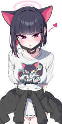Rule 34 | 1girl, :p, absurdres, animal ears, black choker, black hair, black jacket, black mask, blue archive, blush, cat ears, choker, closed mouth, clothes around waist, colored inner hair, commentary, extra ears, halo, highres, jacket, jacket around waist, kazusa (band) (blue archive), kazusa (blue archive), looking at viewer, mask, mask pull, metaljelly, miniskirt, mouth mask, multicolored hair, official alternate costume, pink hair, pink halo, pleated skirt, red eyes, shirt, short hair, short sleeves, simple background, skirt, solo, thigh gap, tongue, tongue out, white background, white shirt, white skirt