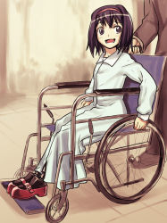 Rule 34 | 1girl, 774 (nanashi), amputee, bad id, bad pixiv id, black hair, blush, commentary request, double amputee, hairband, hospital gown, open mouth, original, outdoors, prosthesis, prosthetic leg, short hair, sitting, solo focus, wheelchair