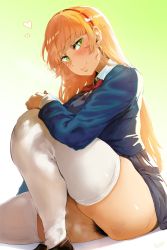 Rule 34 | 1girl, absurdres, ass, blonde hair, blush, bottomless, breasts, excessive pubic hair, female pubic hair, green eyes, hairband, heanna sumire, heart, hero neisan, highres, huge filesize, large breasts, loafers, long hair, looking at viewer, love live!, love live! superstar!!, medium breasts, pleated skirt, pubic hair, school uniform, shoes, sitting, skirt, smile, solo, sweat, thighhighs, white thighhighs