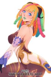 Rule 34 | 1girl, absurdres, back, blonde hair, blue eyes, breasts, cosplay, detached sleeves, english text, feet out of frame, ganyu (genshin impact), genshin impact, gold, grandmiral, hands out of frame, highres, horns, large breasts, leslie (grandmiral), lipstick, looking to the side, makeup, multicolored hair, pixie (pixieinktvis), pixieinktvis, smile, thighhighs, white background