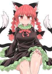Rule 34 | 1girl, :/, animal ear fluff, animal ears, arm support, black bow, black dress, blush, bow, braid, breasts, cat ears, cat tail, chups, closed mouth, dress, extra ears, feet out of frame, frills, hair bow, hair ribbon, hand on own knee, highres, kaenbyou rin, large breasts, long hair, looking at viewer, multiple tails, nail polish, nekomata, nose blush, petticoat, red eyes, red hair, red nails, red neckwear, red ribbon, ribbon, simple background, sitting, sleeves past fingers, sleeves past wrists, solo, tail, touhou, tress ribbon, twin braids, twintails, two tails, white background