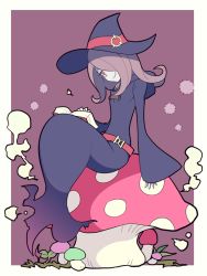 Rule 34 | 10s, 1girl, belt, book, border, fly agaric, giant mushroom, hair over one eye, half-closed eyes, hat, l (matador), little witch academia, loose belt, mushroom, on mushroom, outside border, pale skin, pink hair, red belt, red eyes, robe, sharp teeth, simple background, sitting, sitting on mushroom, smile, solo, sucy manbavaran, teeth, white border, wide sleeves, witch, witch hat