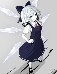 Rule 34 | 1girl, absurdres, black footwear, blue bow, blue dress, blue eyes, bow, cirno, collared shirt, dress, dutch angle, full body, grey background, grey hair, hair between eyes, hair bow, hands on own hips, hatomehonpo, highres, ice, ice wings, looking at viewer, mary janes, medium hair, neck ribbon, pinafore dress, red ribbon, ribbon, shirt, shoes, short sleeves, sleeveless, sleeveless dress, smile, smug, solo, standing, touhou, translation request, white shirt, wings