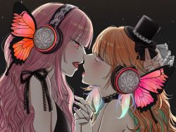Rule 34 | bug, butterfly, butterfly hair ornament, butterfly wings, earrings, face-to-face, feather earrings, feathers, gradient hair, hair ornament, hat, headphones, highres, hololive, hololive english, insect, insect wings, jewelry, magnet (vocaloid), mini hat, mini top hat, mori calliope, multicolored hair, orange hair, pink hair, sein 025, takanashi kiara, top hat, virtual youtuber, vocaloid, wings, yuri