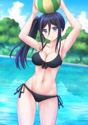 Rule 34 | 10s, 1girl, alternate hairstyle, armpits, arms up, ball, beachball, bikini, black bikini, black bow, black hair, blue eyes, blue sky, blurry, bow, breasts, cleavage, closed mouth, cloud, collarbone, contrapposto, cowboy shot, day, depth of field, eyebrows, hair between eyes, hair up, hibike! euphonium, highres, holding, holding ball, kazenokaze, long hair, looking at viewer, medium breasts, navel, no eyewear, outdoors, reflection, side-tie bikini bottom, side ponytail, sky, smile, solo, standing, swimsuit, tanaka asuka, tree, wading, water, wet