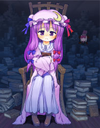 Rule 34 | 2girls, :&lt;, arms up, bat wings, book, hugging book, book stack, chair, chibi, crescent, crossed arms, embodiment of scarlet devil, female focus, head wings, holding, holding book, koakuma, long hair, multiple girls, nukaji (kuromahou kenkyuujo), o o, hugging object, patchouli knowledge, purple eyes, purple hair, red hair, sitting, too many, too many books, touhou, wings