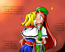 Rule 34 | !, 2girls, alice margatroid, arm garter, arm grab, holding another&#039;s arm, beret, blonde hair, blue eyes, braid, brick wall, capelet, china dress, chinese clothes, dress, hat, heart, hong meiling, kiss, long hair, multiple girls, red hair, sei (kaien kien), star (symbol), surprised, tangzhuang, touhou, twin braids, yuri