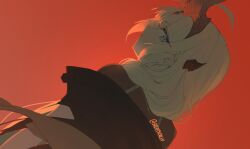 Rule 34 | 1girl, arknights, black shirt, blonde hair, blue eyes, dragon horns, dutch angle, from behind, horns, long hair, looking at viewer, looking back, orange background, reed (arknights), reed the flame shadow (arknights), shirt, sideways glance, skeptycally, solo, twitter username, upper body