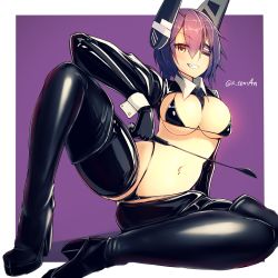 Rule 34 | arm support, bandages, boots, breasts, cleavage, full body, gloves, headgear, highres, kantai collection, katsuten, large breasts, leather, leather gloves, looking at viewer, meme attire, navel, necktie, purple hair, reverse bunnysuit, reverse outfit, riding crop, simple background, smile, tenryuu (kancolle), thigh boots, yellow eyes