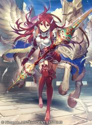 Rule 34 | 1girl, armor, blue sky, boobplate, breastplate, company name, copyright name, cordelia (fire emblem), day, feathers, fire emblem, fire emblem awakening, fire emblem cipher, full body, garter straps, grin, hair ornament, holding, holding weapon, long hair, nintendo, official art, outdoors, pegasus, polearm, red eyes, red hair, sky, smile, solo, thighhighs, thighs, umiu geso, weapon, wing hair ornament, zettai ryouiki