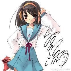 Rule 34 | 1girl, arm up, armband, unworn armband, artist name, blue sailor collar, blue skirt, blush, brown hair, closed mouth, company name, hairband, hand on own hip, holding, ito noizi, kita high school uniform, long hair, long sleeves, looking at viewer, official art, orange hairband, red armband, red ribbon, ribbon, sailor collar, school uniform, serafuku, shirt, shirt tucked in, signature, simple background, skirt, smile, solo, standing, suzumiya haruhi, suzumiya haruhi no yuuutsu, white background, white shirt