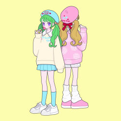 Rule 34 | 2girls, back-to-back, beret, blonde hair, blue headwear, blue skirt, blue socks, candy, facing away, food, fukuhara ann, full body, gen 2 pokemon, green hair, hand up, hat, highres, holding, holding candy, holding food, holding lollipop, leg warmers, lollipop, long hair, long sleeves, looking at viewer, morizono wakana, multiple girls, nyaasechan, pink footwear, pink headwear, pleated skirt, pretty rhythm, pretty rhythm rainbow live, pretty series, purple eyes, red ribbon, ribbon, simple background, skirt, sneasel, socks, standing, sweater, twintails, white footwear, yellow background, yellow sweater