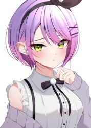 Rule 34 | 1girl, blush, bow hairband, cardigan, closed mouth, collared shirt, commentary request, ear piercing, green eyes, grey cardigan, hair ornament, hairband, hairclip, hand up, highres, hololive, long sleeves, looking at viewer, namagome negi, piercing, pink hair, purple hair, shirt, short hair, simple background, sleeveless, sleeveless shirt, solo, tokoyami towa, two side up, virtual youtuber, white background, white shirt, x hair ornament