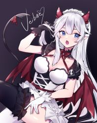 Rule 34 | 1girl, :o, black gloves, bow, breasts, character name, cleavage, demon girl, demon horns, demon wings, dress, fang, gloves, highres, himey, horns, looking to the side, maid headdress, medium breasts, open mouth, pointy ears, skin fang, solo, thighhighs, vei (vtuber), vei (vtuber) (4th costume), virtual youtuber, vshojo, white bow, white dress, white gloves, white hair, wings