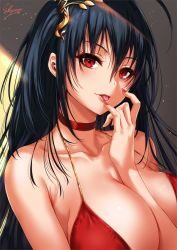 Rule 34 | 1girl, ahoge, arm between breasts, artist name, azur lane, bare shoulders, black hair, blush, breasts, choker, cleavage, cocktail dress, dress, hair between eyes, hair ornament, highres, huge breasts, long hair, looking at viewer, nail polish, one side up, red choker, red dress, red eyes, sakiyamama, signature, smile, solo, taihou (azur lane), taihou (forbidden feast) (azur lane), tongue, tongue out, very long hair