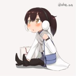 Rule 34 | 1girl, ahenn, bag, black hair, black pantyhose, brown eyes, chibi, coat, commentary request, earmuffs, handbag, high heels, kaga (kancolle), kantai collection, long hair, lowres, mitsukoshi (department store), pantyhose, parted lips, scarf, shopping bag, side ponytail, simple background, sitting, solo, twitter username, winter clothes, winter coat