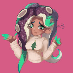 Rule 34 | 1girl, artist name, black hair, cephalopod eyes, christmas, christmas sweater, closed mouth, colored skin, commentary, cropped torso, dark-skinned female, dark skin, english commentary, gradient hair, green eyes, green hair, grey sweater, long hair, long sleeves, looking at viewer, marina (splatoon), mole, mole under mouth, multicolored hair, nin10ja, nintendo, octoling, pink background, pink pupils, ribbed sweater, signature, smile, solo, splatoon (series), suction cups, sweater, tentacle hair, turtleneck, two-tone hair