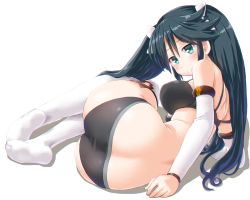 Rule 34 | 1girl, aqua eyes, ass, black bra, black hair, black panties, blush, bra, breasts, commentary request, dd (ijigendd), detached sleeves, from behind, hair ribbon, highres, isuzu (kancolle), kantai collection, large breasts, long hair, looking at viewer, looking back, lying, on side, panties, pout, ribbon, simple background, solo, thighhighs, twintails, underwear, underwear only, very long hair, white background, white thighhighs