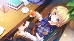 Rule 34 | 1girl, black shorts, black socks, black thighhighs, blonde hair, blue bow, blue bowtie, blue eyes, bow, bowtie, brown footwear, camus holmes, capelet, crossed legs, cup, from above, game cg, hair between eyes, hair ornament, holding, holding cup, lens flare, long sleeves, plaid capelet, purple capelet, senkou no clarias, shirt, short hair, short shorts, shorts, sitting, socks, solo, suzuhira hiro, teacup, thigh strap, thighhighs, white shirt, wooden floor, x hair ornament