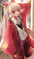 Rule 34 | 1girl, absurdres, alternate costume, arm behind head, blush, bow, casual, commentary, contemporary, eyelashes, food, food in mouth, fujiwara no mokou, hair bow, highres, jacket, long hair, looking at viewer, nyarocks, pocky, pocky in mouth, ponytail, red eyes, red jacket, red shorts, red suspenders, shirt, shorts, solo, touhou, very long hair, white hair, white shirt