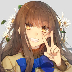 Rule 34 | 1girl, ayaka (disagree), blue bow, blue bowtie, bow, bowtie, brown hair, brown shirt, fate/extra, fate (series), flower, grey background, grin, hair between eyes, long hair, long sleeves, looking at viewer, portrait, shirt, smile, solo, straight hair, v, white flower, yellow eyes